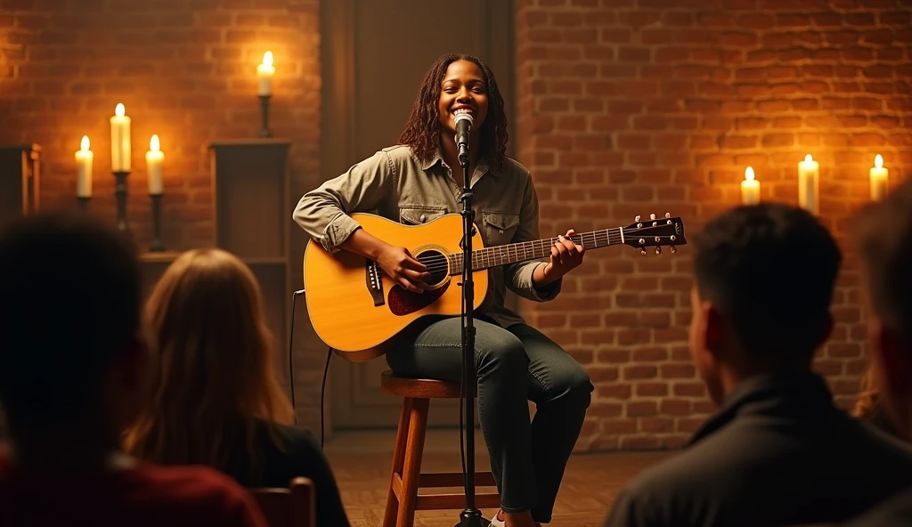 A hyper-realistic image of a gospel singer performing an acoustic set on a small, intimate stage. The setting is warm and inviting, with soft, golden lighting that highlights the singer’s intense focus and emotion. They are seated on a wooden stool, strumming an acoustic guitar, with a simple microphone in front of them. The background features exposed brick walls and dimly lit candles, creating a cozy, spiritual atmosphere. The audience is captivated, with a few people visibly moved by the powerful performance. The image captures the raw, heartfelt emotion of gospel music, blending the simplicity of acoustic sound with the deep spirituality of the message.