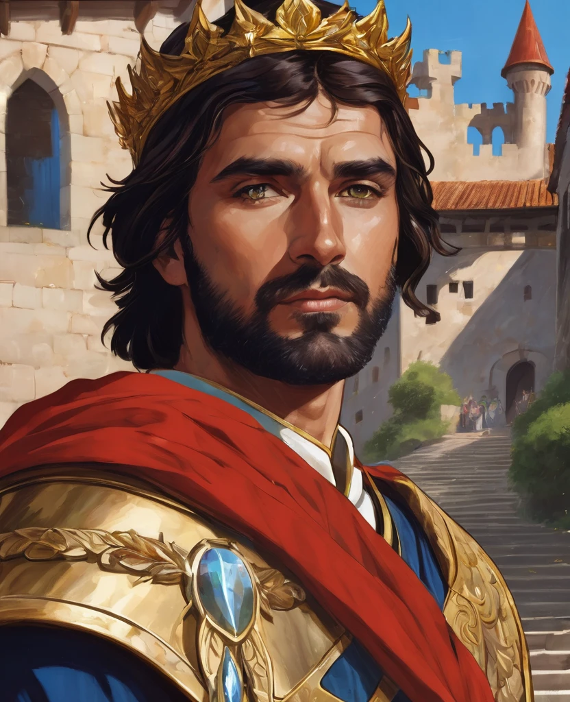 man, muscular, with a claw scar on the left side of his face, brown left eye, blue right eye, heterocromia, trapezoidal head, Aquiline nose, cleft chin,with short beard, short hair castaño con degradación blanco en las puntas, short hair, dressed as emperor, golden laurel wreath crown, red cape, tanned skin, standing on stairs leading to a medieval castle