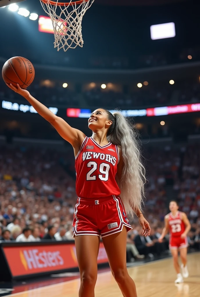 A beautiful youthful looking
American version of Ariana Grande as a 50 years old woman with very long hair completely gray hair in a long big curls styles as a retired
NBA player wearing her old NBA jersey shooting the ball in the basket in a nba stadium she is smiling for the camera