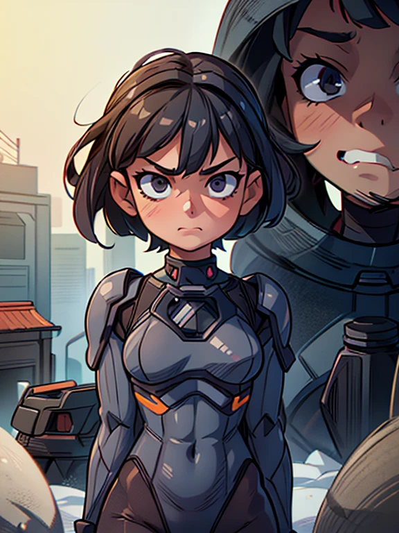 masterpiece, best quality, ultra realistic, hyper-detailed, 8k resolution, RAW photo, sharp focus, (1girl), solo, gorgeous face, slim body, Firm chest, teen female, ****, portrait, mecha, dark grey armor, nanosuit, sexy, short hair, cinematic, butt, Buttocks, cinematic light, dark theme