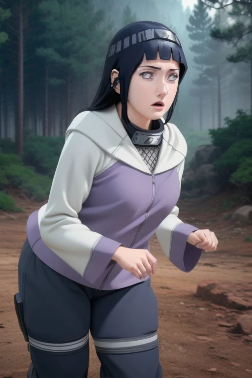 1girl, Hinata Hyuuga from Naruto Shippuden, 18 years old, beautiful detailed eyes, beautiful detailed lips, extremely detailed face and features, long eyelashes, detailed ninja outfit, attacking pose, training in forest environment, lonely expression, highly focused, intricate details, cinematic lighting, vibrant colors, (best quality, 4k, 8k, highres, masterpiece:1.2), ultra-detailed, (realistic, photorealistic, photo-realistic:1.37), dynamic action, cinematic composition