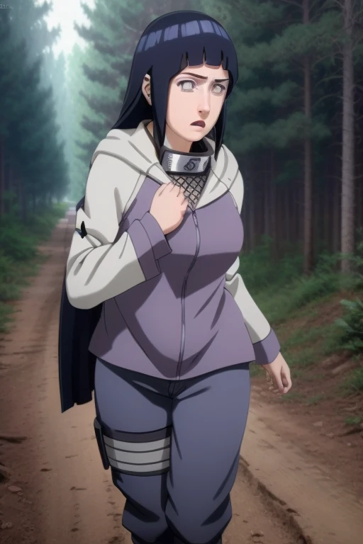 1girl, Hinata Hyuuga from Naruto Shippuden, 18 years old, beautiful detailed eyes, beautiful detailed lips, extremely detailed face and features, long eyelashes, detailed ninja outfit, attacking pose, training in forest environment, lonely expression, highly focused, intricate details, cinematic lighting, vibrant colors, (best quality, 4k, 8k, highres, masterpiece:1.2), ultra-detailed, (realistic, photorealistic, photo-realistic:1.37), dynamic action, cinematic composition