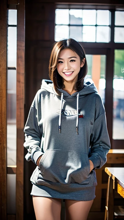 A Japanese milf, photo of one girl, Slender figure, Realistic teeth, wearing oversized hoodie, down hood, smile, full-body, masterpiece, best quality, detailed, beauty, Pub, indoor,