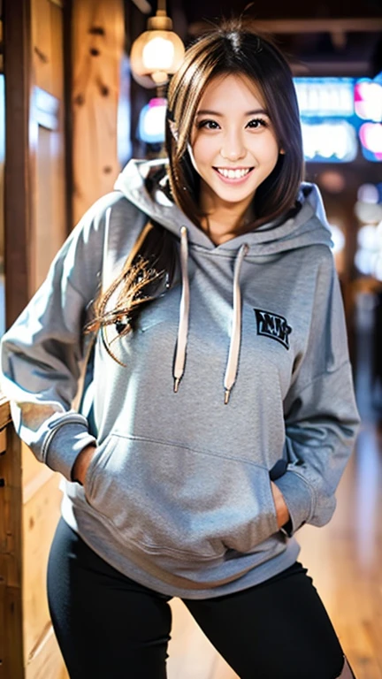 A Japanese milf, photo of one girl, Slender figure, Realistic teeth, wearing oversized hoodie, down hood, smile, full-body, masterpiece, best quality, detailed, beauty, Pub, indoor,