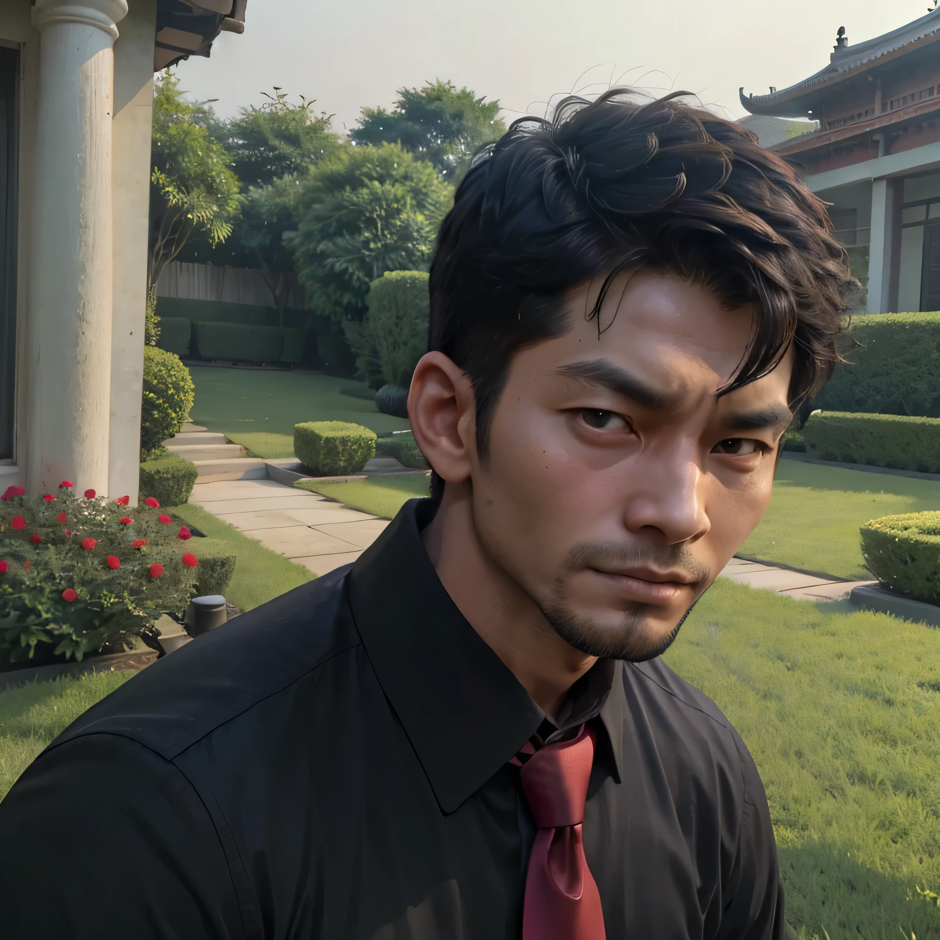 33 years old,One Man,、Handsome。Black Shirt、Red tie、、Dhaka - Fighters、Lookout、garden。On the grass、logic,Gay ,Very short hair、　,Asian Face,、　Handsome　　　Menacing look　Close-up of face