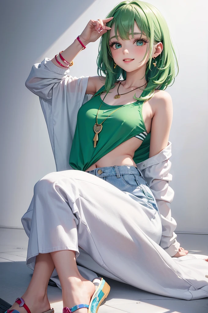 Best Quality,High resolution,8k,(plain white background, no patterns, no textures, just a plain white background:1.3),Masterpiece:1.2),beautiful girl,Shiny green hair,messy hair,Green Eyes,A girl in a bright, oversized graphic tee or tank top with a cheerful design, paired with high-waisted, slightly oversized long pants in a light, colorful fabric with a subtle pattern. She is wearing casual sneakers with a pop of color or simple yet stylish sandals. Accessories include a playful pendant necklace and colorful stud earrings,Gentle look,A refreshing look,smile,Best quality,Best Quality,Aesthetic and aesthetic:1.2,Best details((Super detailed))(High-definition CG illustrations),Slender body,smile,blush,cute,Scrounge,Looking up,Being spoiled,super model