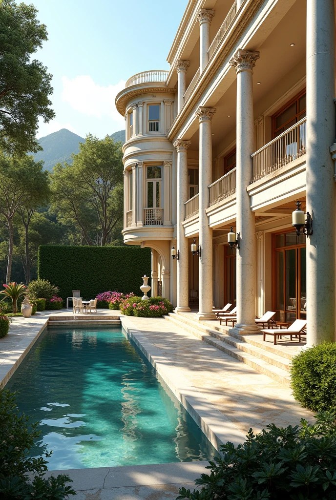 Luxury Villa**: A sprawling estate with a grand entrance, marble columns, and a beautifully landscaped garden. The villa features large windows, a swimming pool, and multiple balconies. It exudes wealth and opulence.