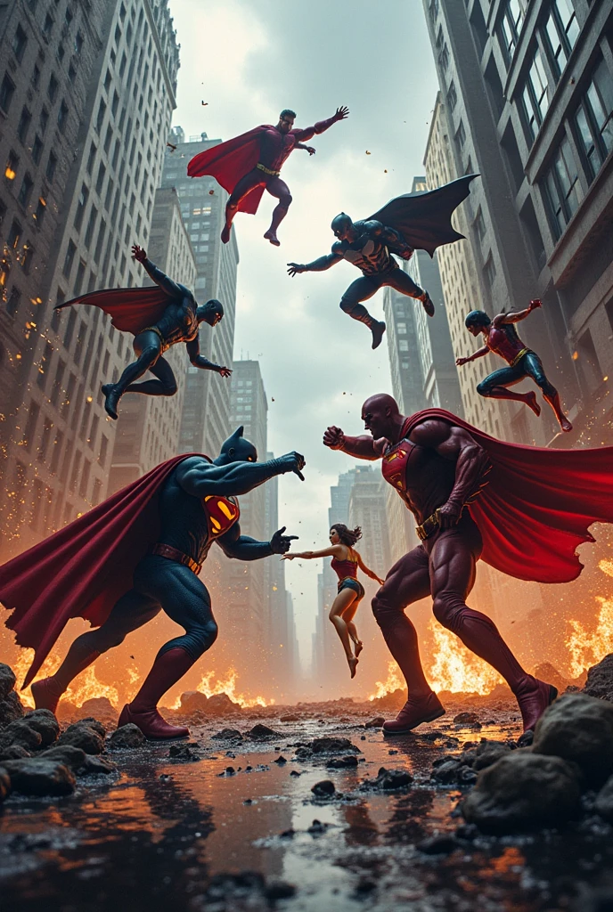 Batman and ironman fighting scene, surrounding all car fired and building damage, Superman and captain America fighting, deadpool and spiderman fighting on building, thor fight Aquaman, hulk fights Thanos, wolverine stand on flash, wonder Woman fight captain Marvel