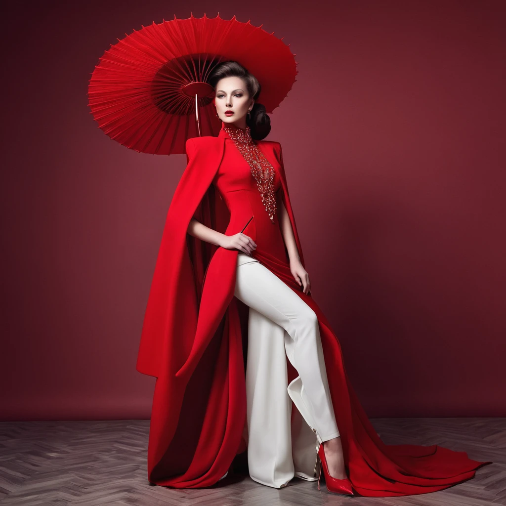beautiful sexy woman, beautiful avant-garde style, full length , Beautiful red clothes , Accessories