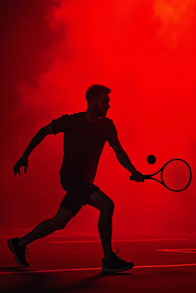 A sports person hitting a ball with tennis racket and ball coming out of screen use less colour
Not make it so realistic use black and dark red colour