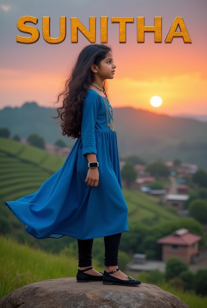 Beautiful cute short girl  , stand on stone in middle of hills, have long hair and wears jewellery set and wears metallic smart watch to her left hand and wears blue colour full hands dress and black scarf  which is flying due to air and  black colour legin pand and wears Black colour chappal and seeing left side and sky in sunset mood,in background village and trees and crops and House written SUNITHA name on the sky at her background with gold stylish metallic letters 