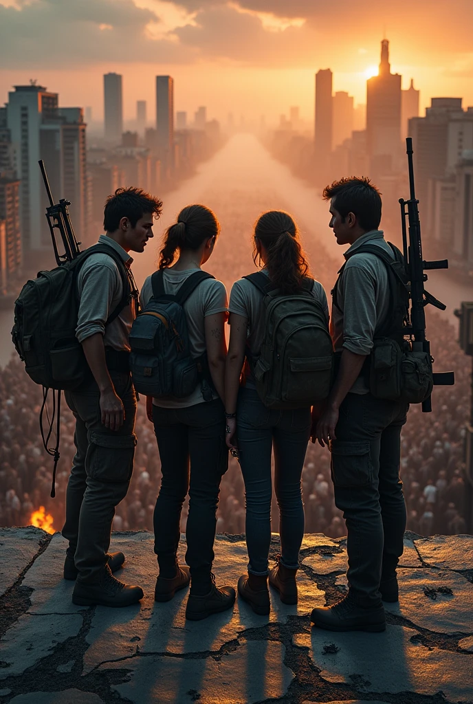 A group of 4 survivors, huddled on a rooftop, watch as millions of hungry zombies approach. They load their weapons.