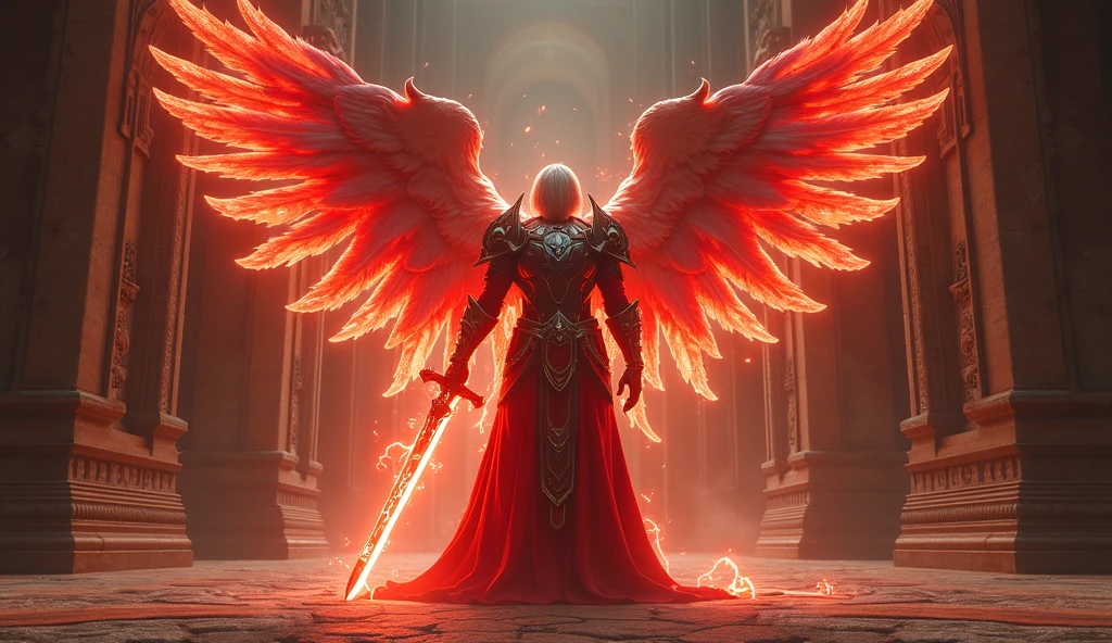 angel armored in Heartfire Sentinel's Authority, greatsword, red flame lightning around him with halo standing in front of temple, widescreen, ray tracing, photorealistic, anatomically correct, retina, masterpiece, accurate, UHD, award winning, best quality, 16k, super detail
