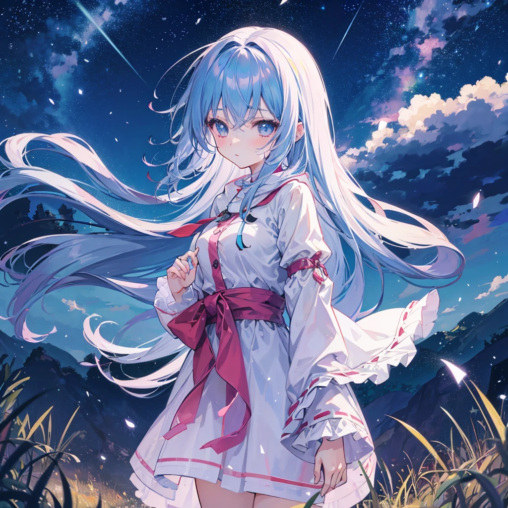 Create an image of an anime-style girl in a rural background where it is raining and it is nighttime and you can see the stars in dark hentai-type colors
