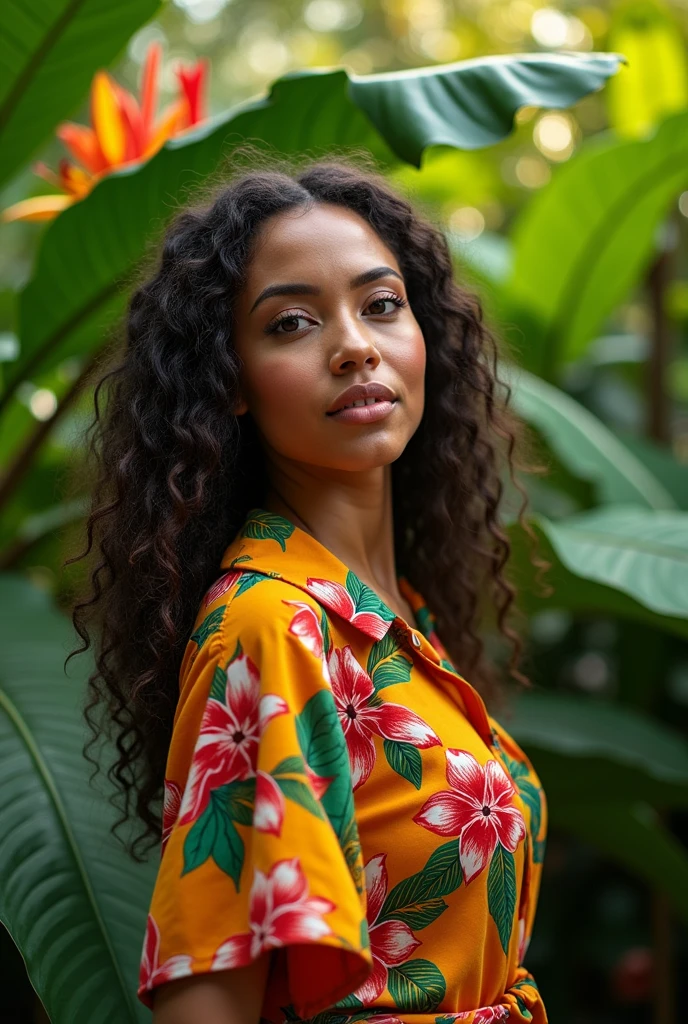 A Brazilian woman in a lush tropical garden, wearing an open shirt with a floral print, with a close-up capturing the harmonious beauty between her breasts and the natural flowers, showing off your natural charm and outgoing personality.