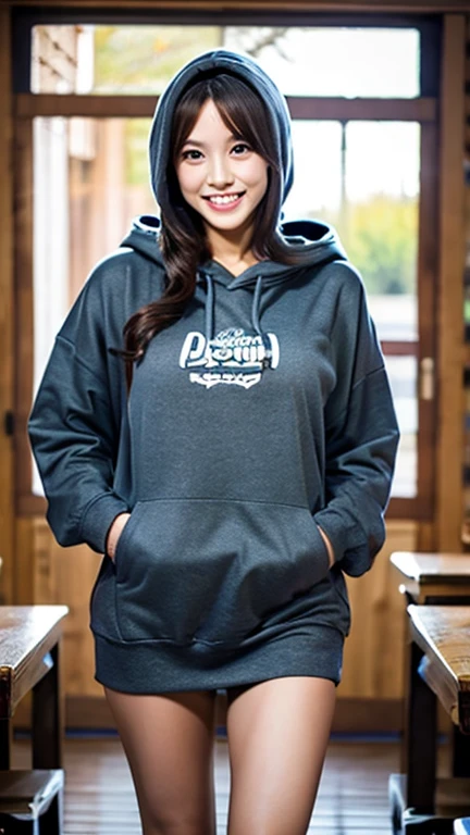 A Japanese milf, photo of one girl, Slender figure, Realistic teeth, wearing oversized hoodie, down hood, smile, full-body, masterpiece, best quality, detailed, beauty, Pub, indoor,