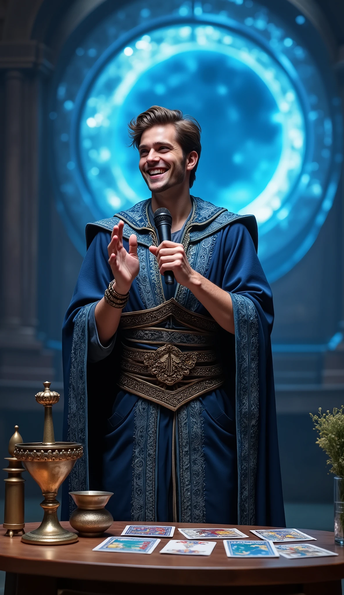 create a young, handsome, smiling, realistic mage with a microphone in hand on a stage, convey depth on a magic stage, In the background a table with a sword, calice de bronze, tarot, above a spiritual portal