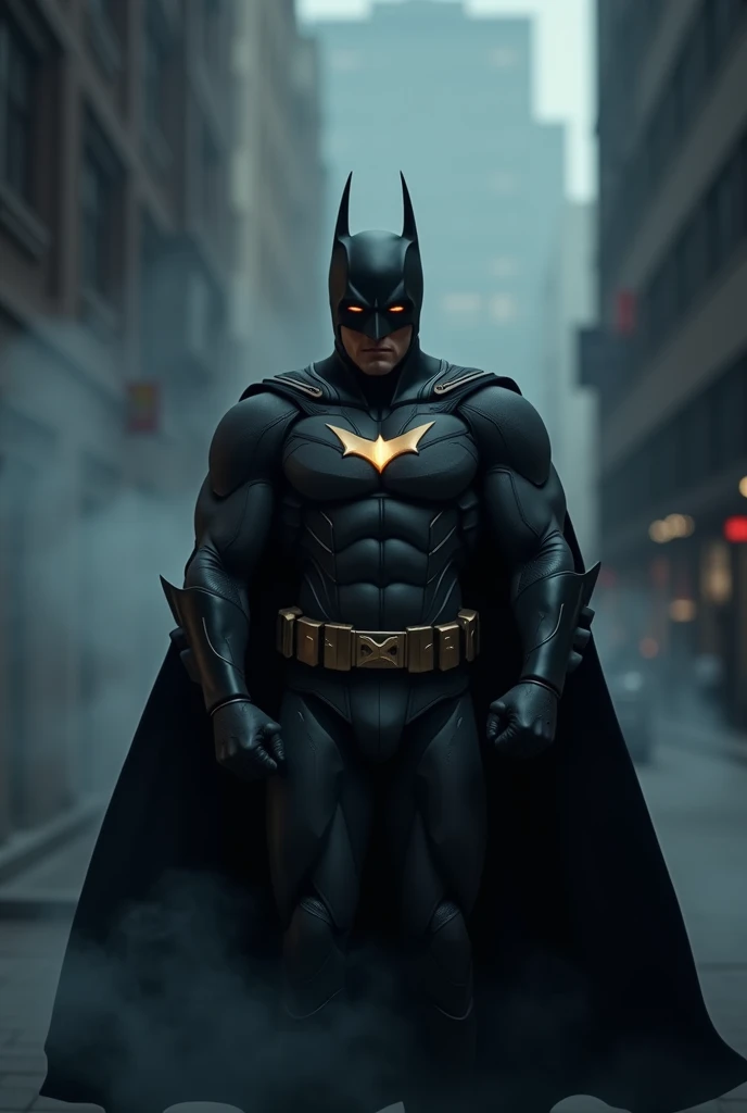 1man, american, batman mask without ears, glowing upside down triangle symbol, black tech suit with metal accentsm, right bare arm, black cape, black boots, dark aura, smoke background