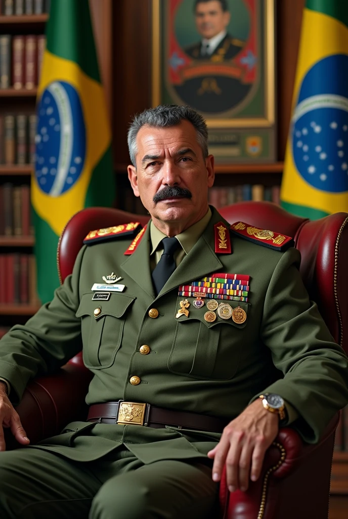 A realistic and detailed portrait of a Colonel of Roman descent in the Brazilian army, around 40 years old with the face of an aggressive person. He has a very muscular and wide body, with military black and gray hair on the sides, and a thin scar on his face like a mark of bravery, he has a mustache. He is wearing a high-ranking olive green uniform of the Brazilian Army officer, adorned with medals and decorations. The background features a Brazilian Army office, with books and flags of Brazil and the Integralist Blue flag, The wall also has a photo of 2 Brazilian dictators and a realistic coat of arms., which contributes to the atmosphere of authority and respect. The veteran is sitting in a comfortable armchair, Breathing wisdom and strength, and appears as a respected and esteemed leader