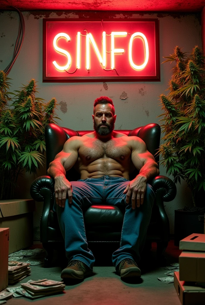 A BUFF STRONG MAN  SITTING DOWN ON A CHAIR  IN A BASEMENT SMOKING WITH WEED PLANTS EVERYWHERE AND BOXES AND MONEY EVERYWHERE WITH  A SIGN HUGE SAYING "SINFO"
ON TOP OF HIM
