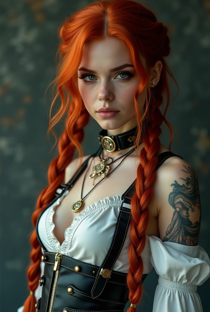 cinematic photorealistic photography, a steampunk girl in a, (white top: 1.2), black and blue leather outfit, tattoo, hyper detailed, ultra sharp, long red hair in braids, 8k, (insanely detailed: 1.5), full shot photography, 200 megapixels, cinematic lighting, detailed skin, masterpiece,