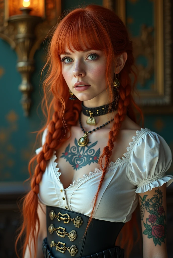 cinematic photorealistic photography, a steampunk girl in a, (white top: 1.2), black and blue leather outfit, tattoo, hyper detailed, ultra sharp, long red hair in braids, 8k, (insanely detailed: 1.5), full shot photography, 200 megapixels, cinematic lighting, detailed skin, masterpiece,