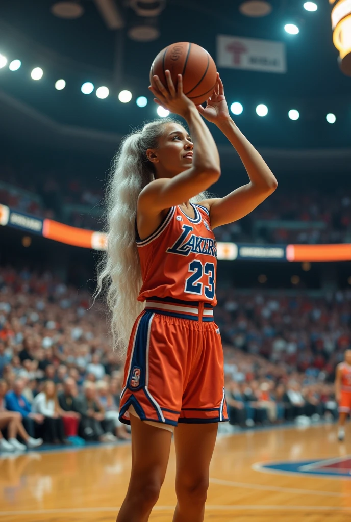 A beautiful youthful looking
American version of Ariana Grande as a 50 years old woman with very long hair completely gray hair in a long big curls styles as a retired
NBA player wearing her old NBA jersey shooting the ball in the basket in a nba stadium she is smiling for the camera