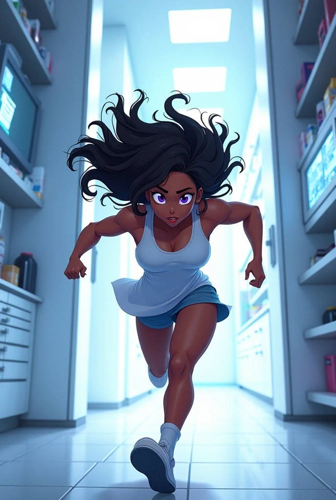 A muscular girl escaping from a lab, with purple eyes, brown skin and messy hair in the style of Disney animation