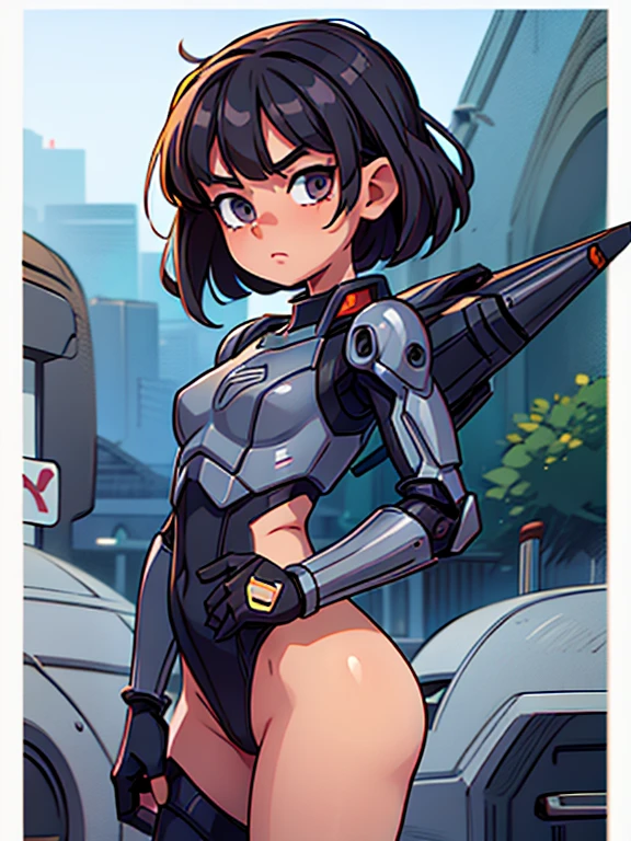 masterpiece, best quality, ultra realistic, hyper-detailed, 8k resolution, RAW photo, sharp focus, (1girl), solo, gorgeous face, slim body, Firm chest, female, 15yortrait, mecha, dark grey armor, nanosuit, sexy, short hair, cinematic, butt, Buttocks, cinematic light, dark theme, cute bum