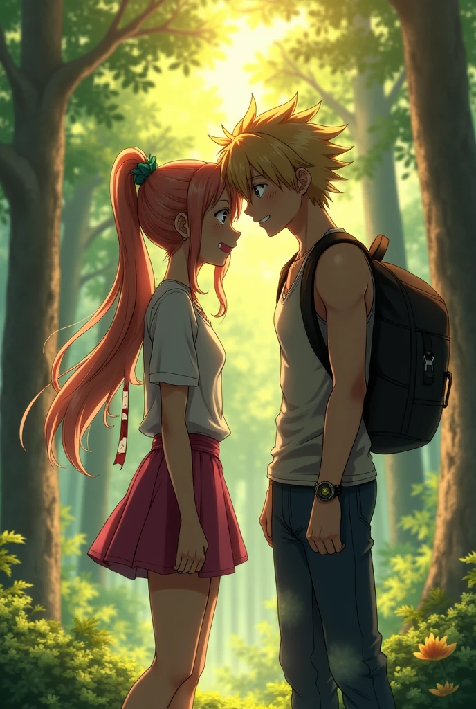 female Shoto Todoroki, mha, girl with long hair, ponytail, pretty short blouse, mid-length skirt with fluttering ribbons, crying, Adult Katsuki Bakugou, tank shirt, worn jeans, necklace, tramp, backpack bag on the back, hiking, anime, embrace