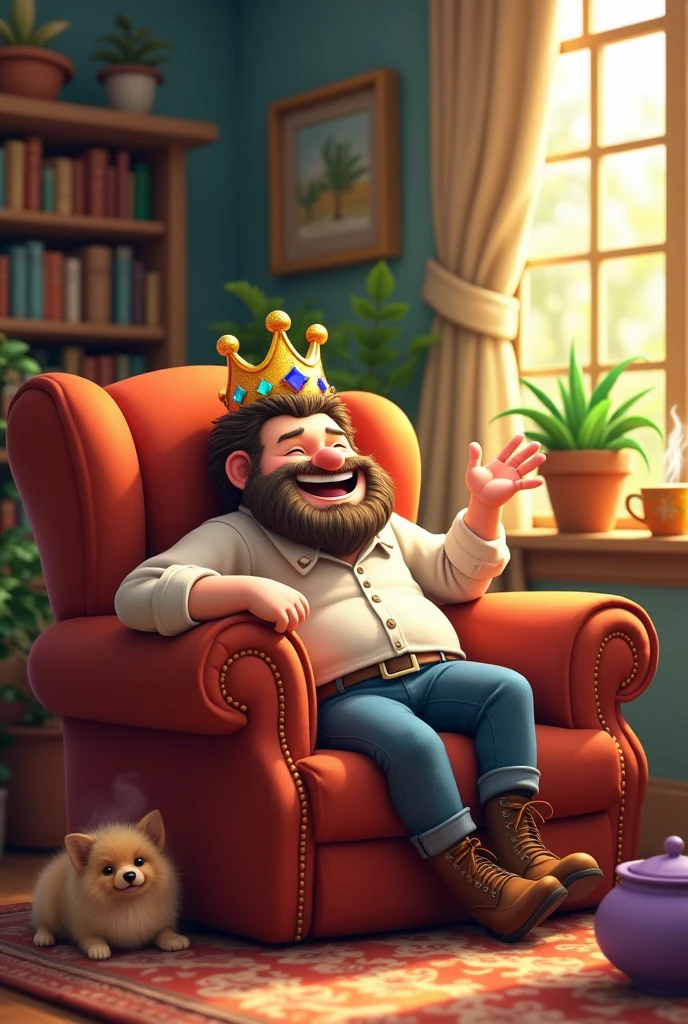 Draw me a cartoon of a man sitting in an armchair with a crown on his head.