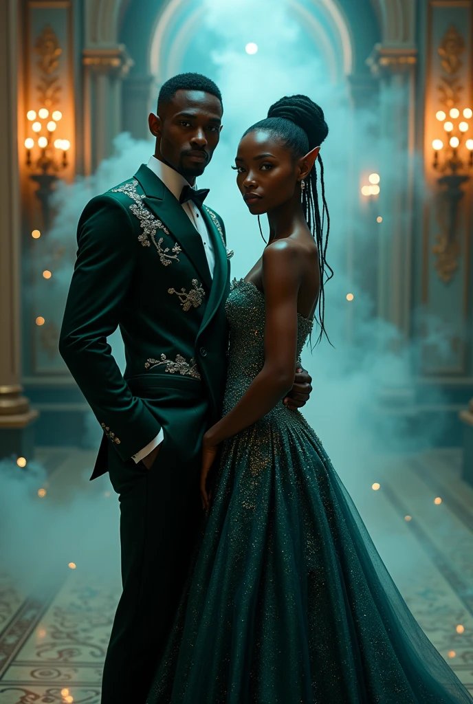Dark Fantasy, aftican american elf couple, forward facing picture, formal clothes, ball room wear, magical,