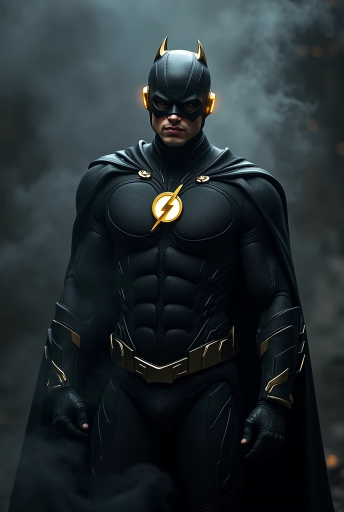 1man, american, black flash mask, glowing upside down triangle symbol, black tech suit with metal accentsm, right bare arm, black cape, black boots, dark aura, smoke background