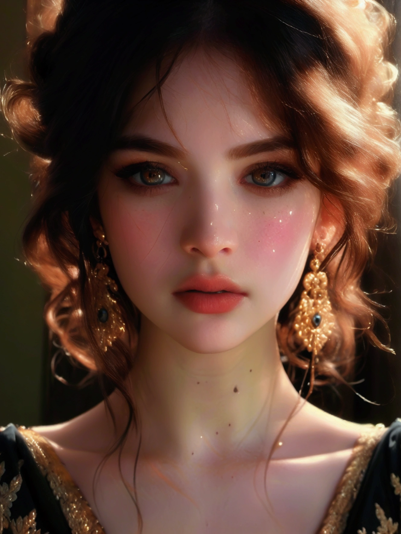 (((ultra realistic))) Photo, masterpiece, top quality, (pale skin), (Ultra detailed face and eyes:1.3), Indian 1 girl, in a beautiful black(goldon embroidery)dress, (Eye makeup, mascara) , (a close up portrait of a beautiful woman with long brown messy bun, curly hair), wearing a black dress, gorgeous detailed face, extremely beautiful delicate features, piercing eyes, luscious lips, flawless skin, stunning portrait, high quality, cinematic lighting, photorealistic, masterpiece, dramatic depth of field, soft elegant expression, elegant and serene, professional portrait photography, beautiful model, gorgeous female portrait, incredible realismof field, bokeh, (special attention to skin detail: 1.2), Detailed leather texture, skin pores. (Airy atmosphere of the frame), UDR, ((Film grain)), ((rays)), ((Glare)), ((side angle portrait, viewing towards the camera)) , ultra detailed, 