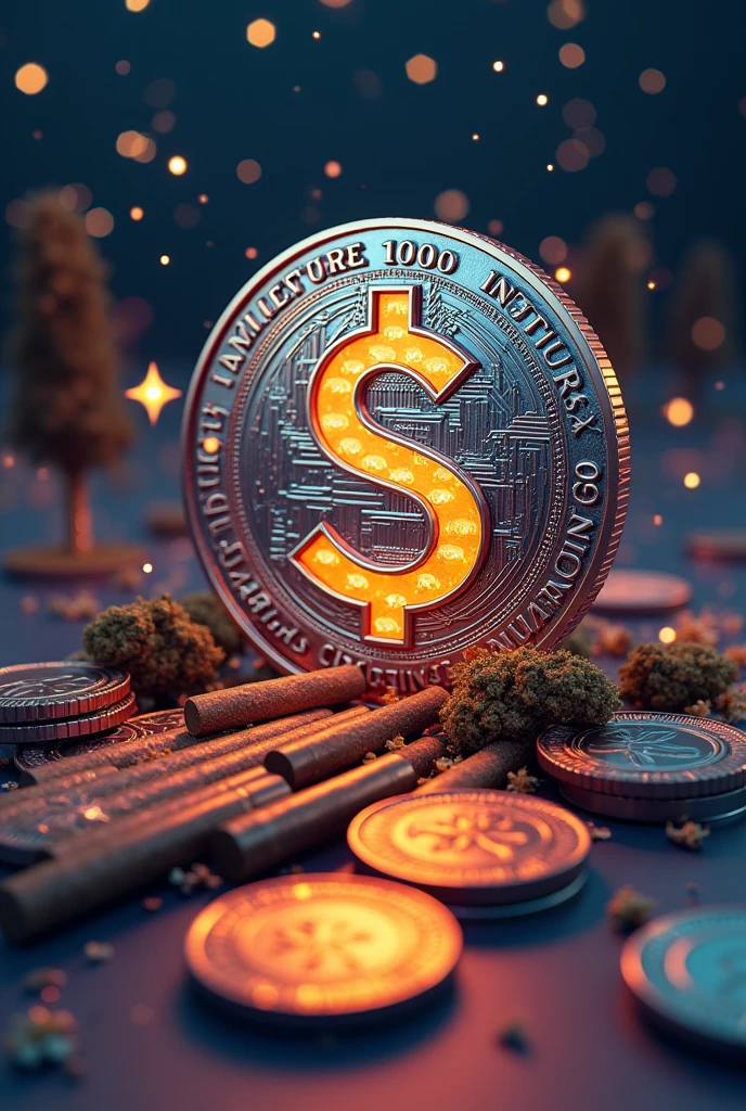 Create a 3d image of airdrop coin write future on solana on the image,dollar sign,coins,weed cigarettes,use 0x360 as dimension.