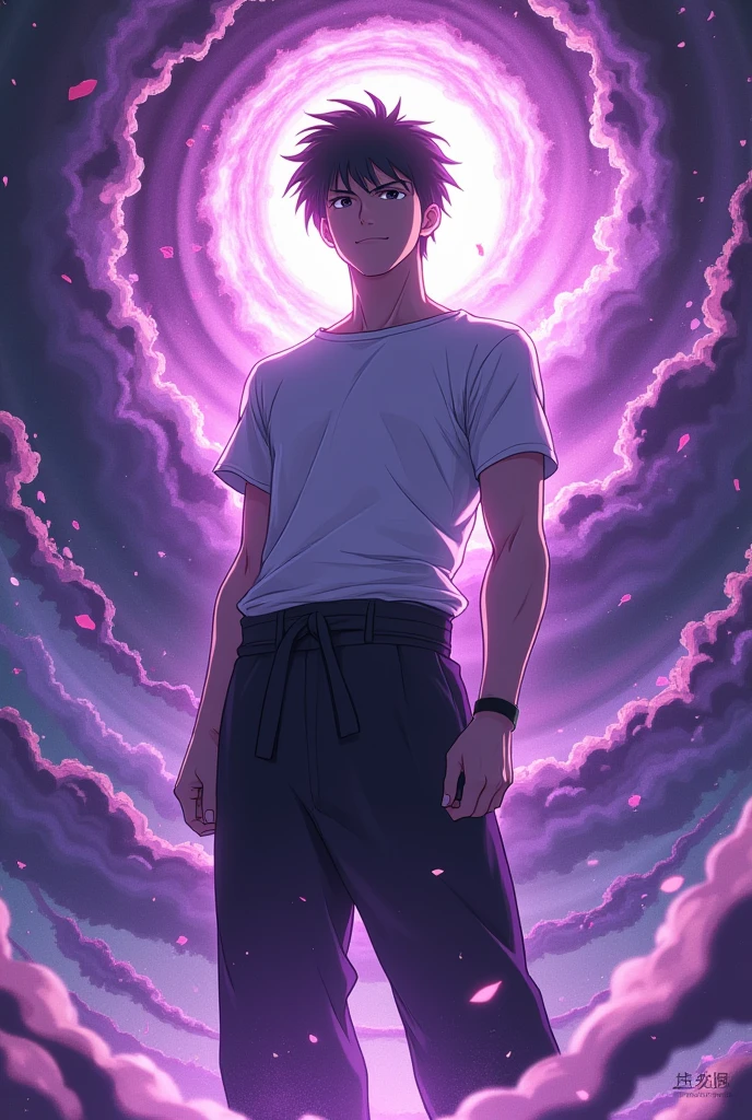 gojo satoru in white T-shirt black leg karate suit domain expansion purple hollow anime style