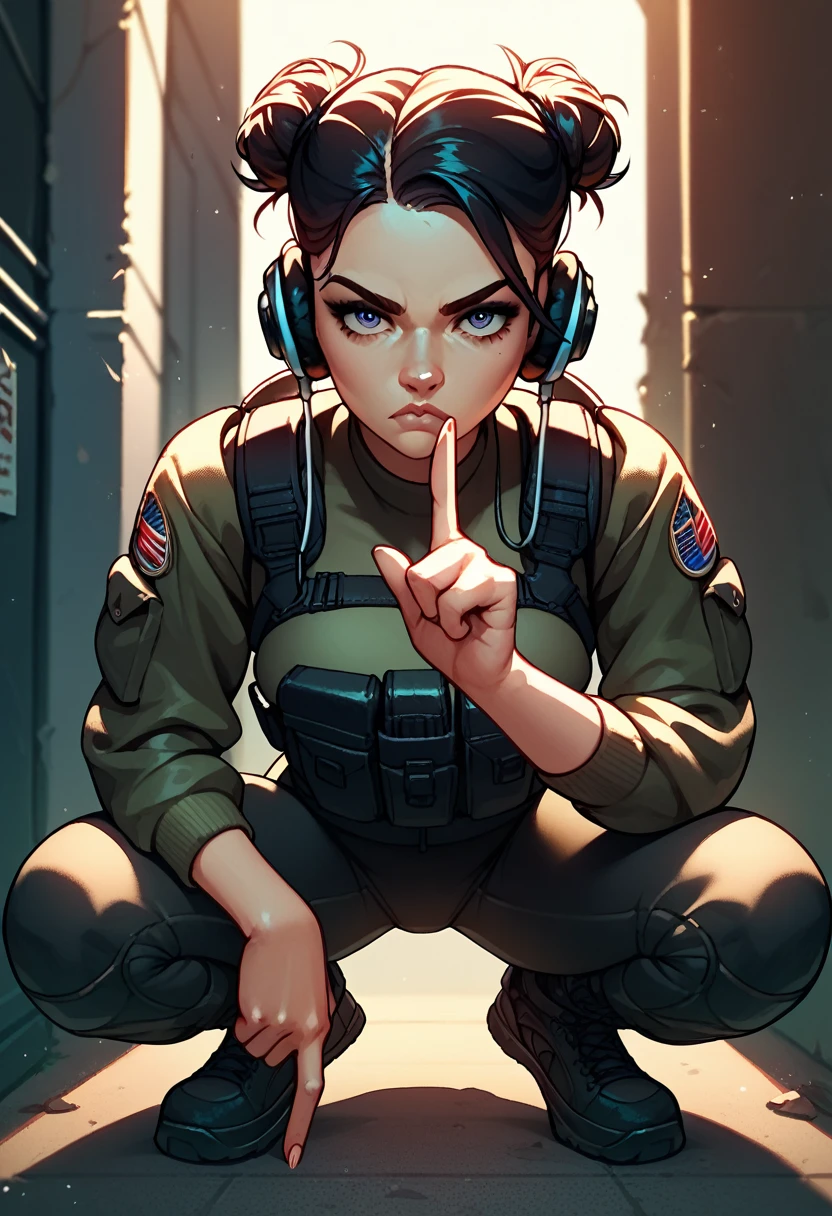 pov holding the viewer, female Special Ops in black tactical tight stealth suit, headphones, shushing gesture pointing finger, serious expression, messy bun with dark hair, low-key lighting, stealth, dark dimly-lit millitary base, crouching
