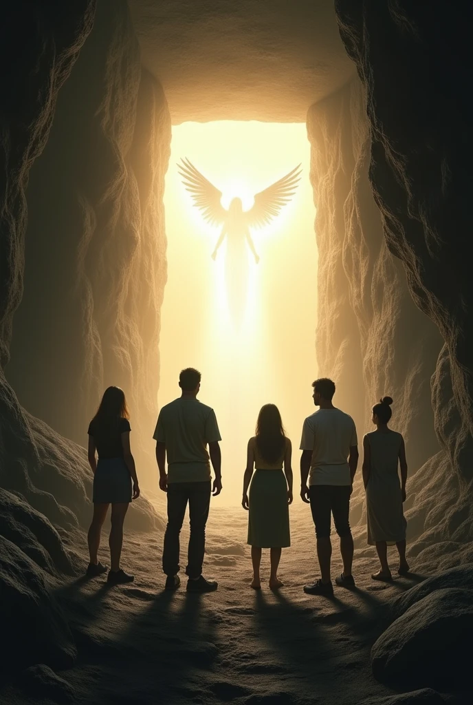 A group of people in a cave looking towards the exit, one person in the middle, one on the right and three on the left, at the exit there is a shining angel in a white and yellowish color, the exit of the cave is square shaped and is a little distant,