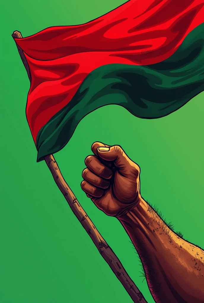 Picturesque idea of a freedom fighters hand with with green background and red outlines with flag waving in bliss