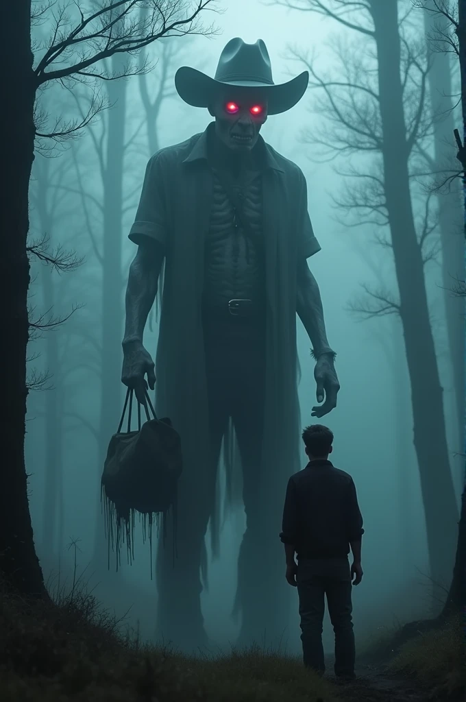 Generate a terrifying image of a shadowy, supernatural figure standing 3 meters tall,. Though he has a youthful appearance,, his deeply wrinkled skin and extremely thin, skeletal frame give him an otherworldly presence.. His shoulders are slumped,, and his horrifying eyes glow with a sinister red and purple color.. He is dressed in worn cowboy clothes and wears a wide-brimmed hat., as he carries a bag in one hand,. The scene captures the moment he attacks a brown-skinned man,, terrified and paralyzed with fear.. the setting is a deserted forest,, shrouded in a thick fog,, intensifying the dark and menacing atmosphere.. The figure should evoke a profound sense of dread and fear..