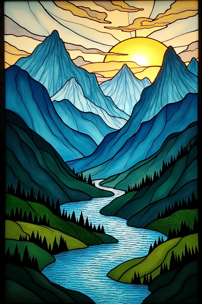 Simple stained glass pattern with a mountain theme