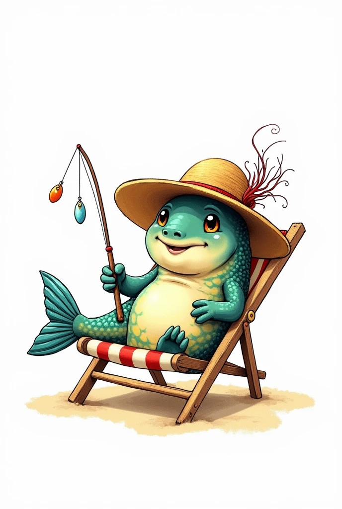 drawn style, a fishing trout, with hat and fishing rod, sitting in a beach chair. on a white background

