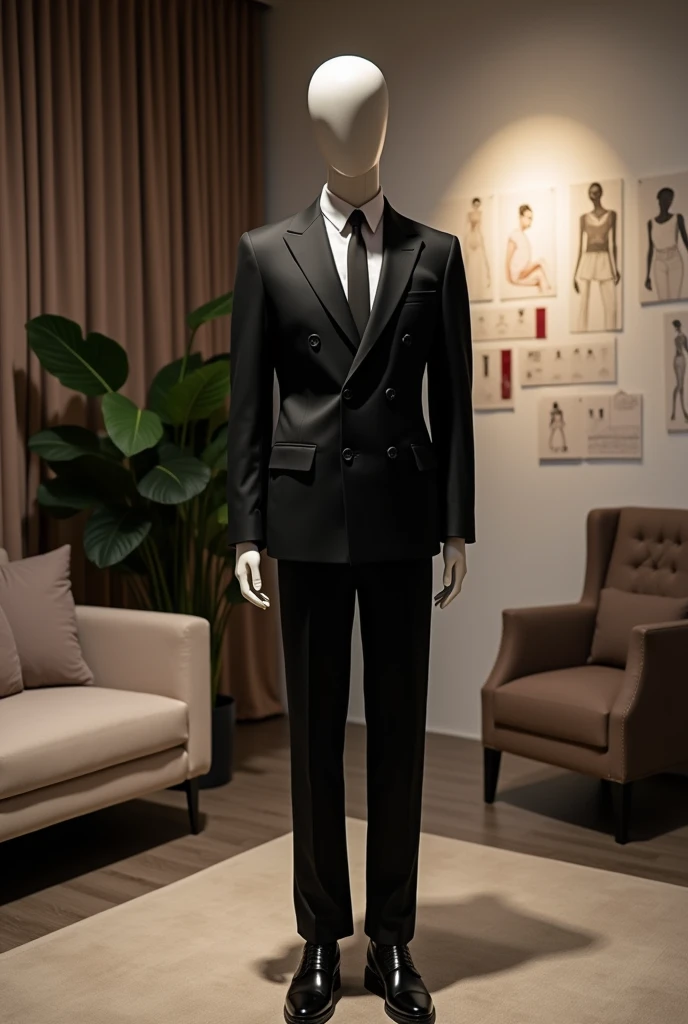 A men&#39;s suit, tight, realisitic, In the black color, four-button, medium lapel, on a mannequin like a designer drawing