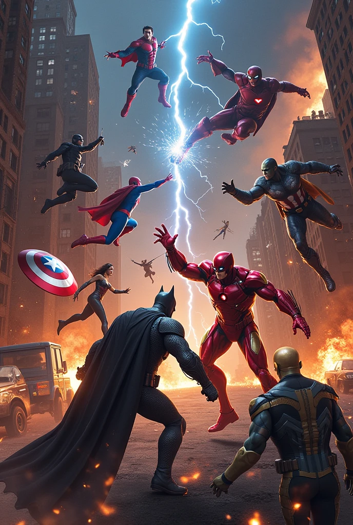 Batman and ironman fighting scene, surrounding all car fired and building damage, Superman and captain America fighting, deadpool and spiderman fighting on building, thor fight Aquaman, hulk fights Thanos, wolverine stand on flash, wonder Woman fight captain Marvel, big frame all superhero fight other groups