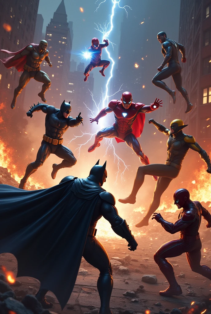 Batman and ironman fighting scene, surrounding all car fired and building damage, Superman and captain America fighting, deadpool and spiderman fighting on building, thor fight Aquaman, hulk fights Thanos, wolverine stand on flash, wonder Woman fight captain Marvel, big frame all superhero fight other groups