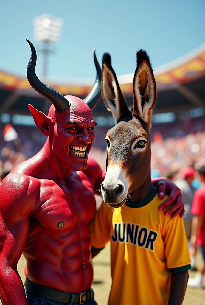 Make a devil wearing the America de Cali shirt, pulling the ears of a donkey wearing the Junior shirt