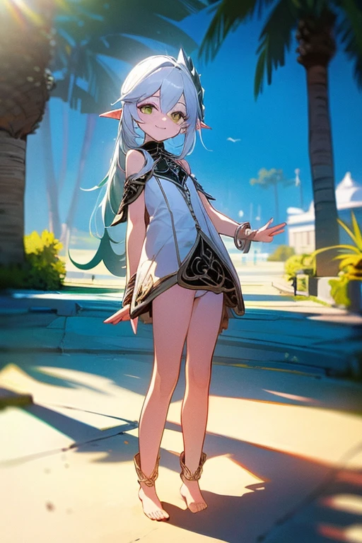 bare, Flat chest, sunbathe, 8 years old, , outside, smile, Sunny, bright sunlight, pointed ears, white hair, Silver hair, Hair length reaches the buttocks, Masterpiece, best quality