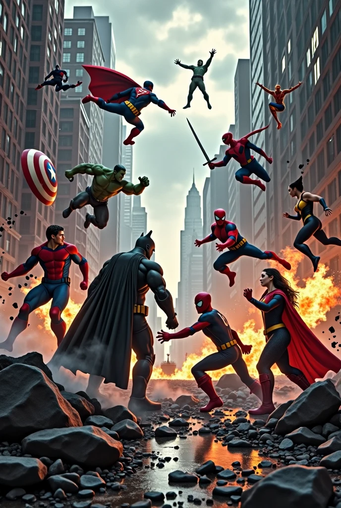 Batman and ironman fighting scene, surrounding all car fired and building damage, Superman and captain America fighting, deadpool and spiderman fighting on building, thor fight Aquaman, hulk fights Thanos, wolverine stand on flash, wonder Woman fight captain Marvel