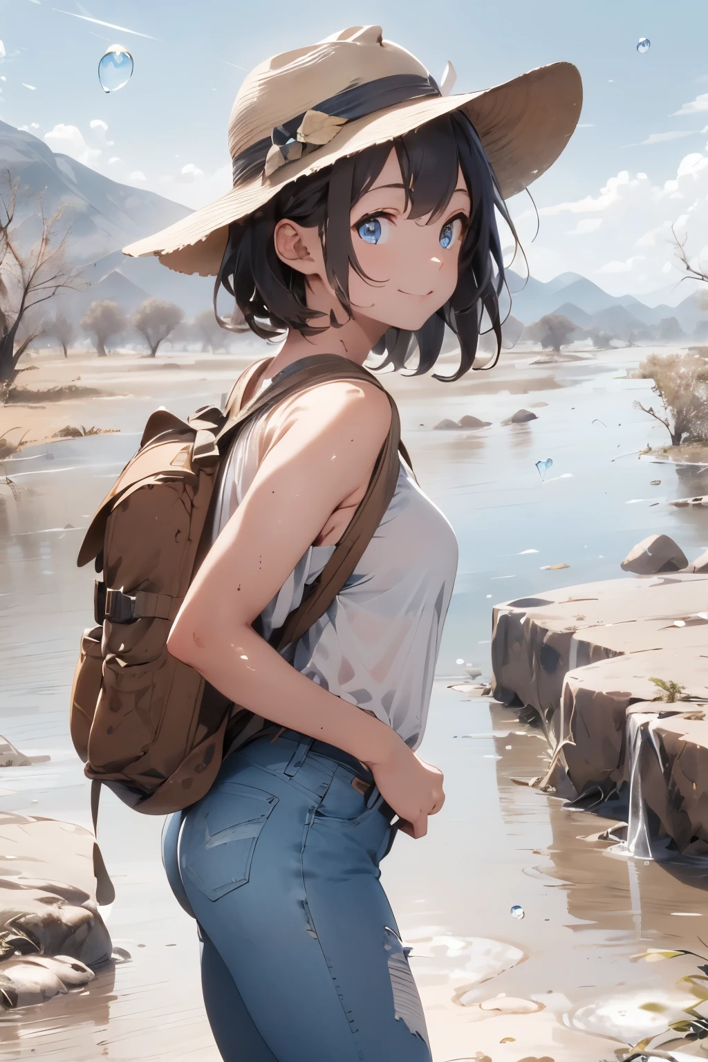 ((Top Quality)), ((Excellent)), (Details), ((Nymph)), Ultra-Realistic, Stunning Environment, Bright Colors, ,, shiny hair, a Girl ,((Blue Eyes)) , Black Hair, (Childish Face), ((half-smile)),(Straight Hair), ((Backpacks)) ,Safari Hat,((Full body shot)),Muddy River, Medium Breasts, desert,Mud stains , ((Denim pants)),((Brown River)),((Muddy River)), (Savannah), Rock Mountain, ((landscape)), ((Wet)),Muddy River,((Water splash)), (Brown River),((Lots of bubbles)),Brown water,((Safari Hat)),(Full body shot),Savannah, arched back, (Rock Mountain), shiny hair, Straight Hair, a Girl ,((Moderate Breasts)),Muddy River, Sheer shirtn, masterpiece , (half-smile), ultra realistic,((Denim pants)), ,((from_side)),desert,((naked)),((arched back)), best quality, desert, blunt bangs, Rock Mountain,((Brown River)), desert, Mud stains ,((Muddy River)),Safari Hat,((Mud stains)),