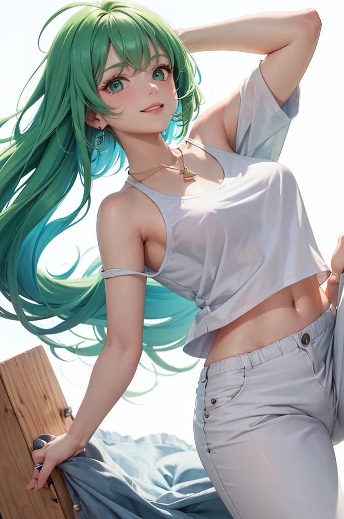 Best Quality,High resolution,8k,(plain white background, no patterns, no textures, just a plain white background:1.3),Masterpiece:1.2),beautiful girl,Shiny green hair,messy hair,Green Eyes,A girl in a bright, oversized graphic tee or tank top with a cheerful design, paired with high-waisted, slightly oversized long pants in a light, colorful fabric with a subtle pattern. She is wearing casual sneakers with a pop of color or simple yet stylish sandals. Accessories include a playful pendant necklace and colorful stud earrings,Gentle look,A refreshing look,smile,Best quality,Best Quality,Aesthetic and aesthetic:1.2,Best details((Super detailed))(High-definition CG illustrations),Slender body,smile,blush,cute,Scrounge,Looking up,Being spoiled,super model